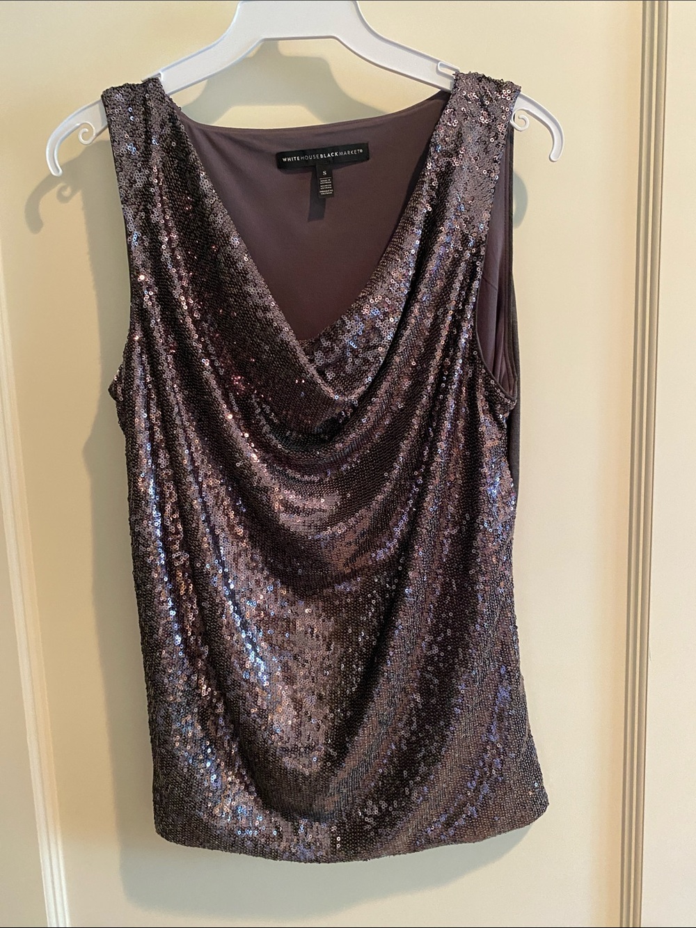 White House Black Market Plum Sequin Draped Neck Sleeveless Camisole